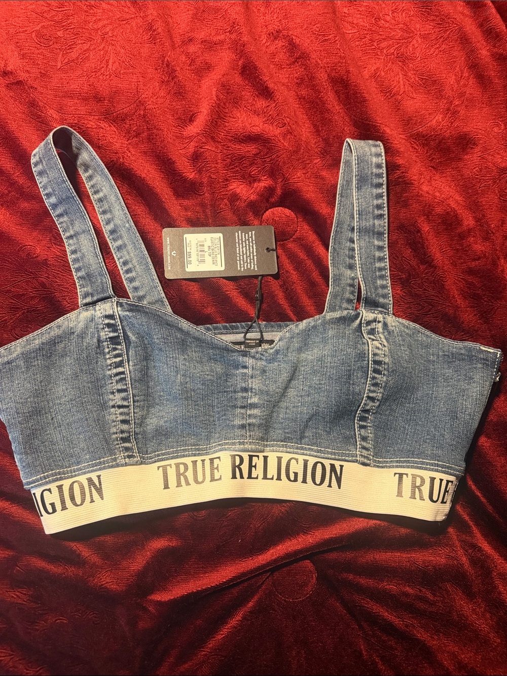 True Religion Denim Bralette Crop Top in Blue with White Elastic Band